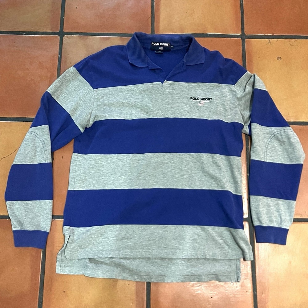 VTG Polo Sport Ralph Lauren Shirt Mens Medium Blue Gray Striped Rugby Classic